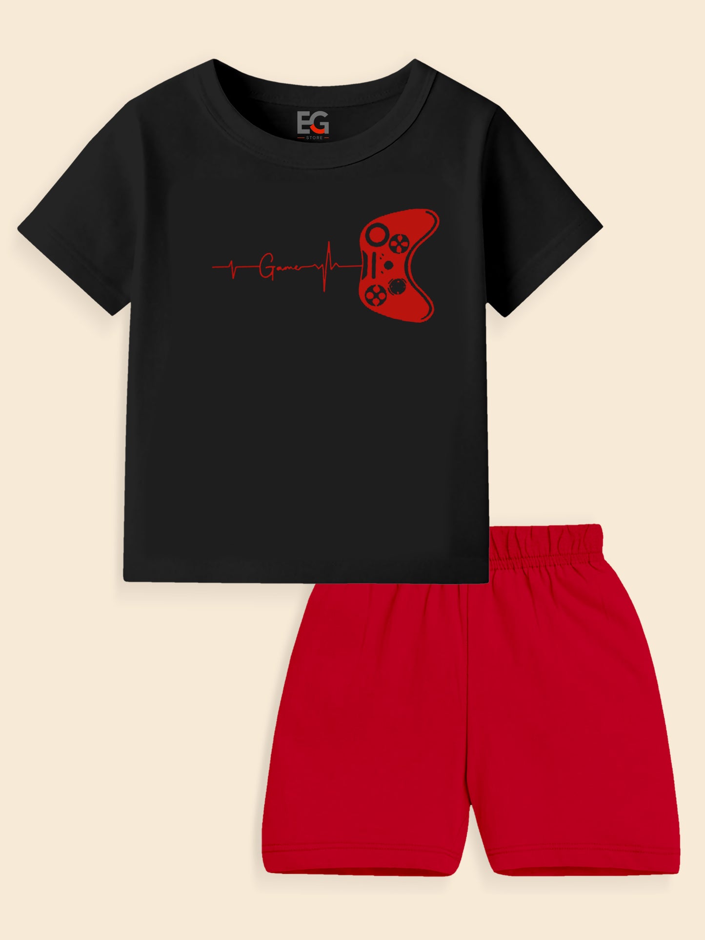 Kids' black gamer t-shirt with red game controller graphic and red shorts set