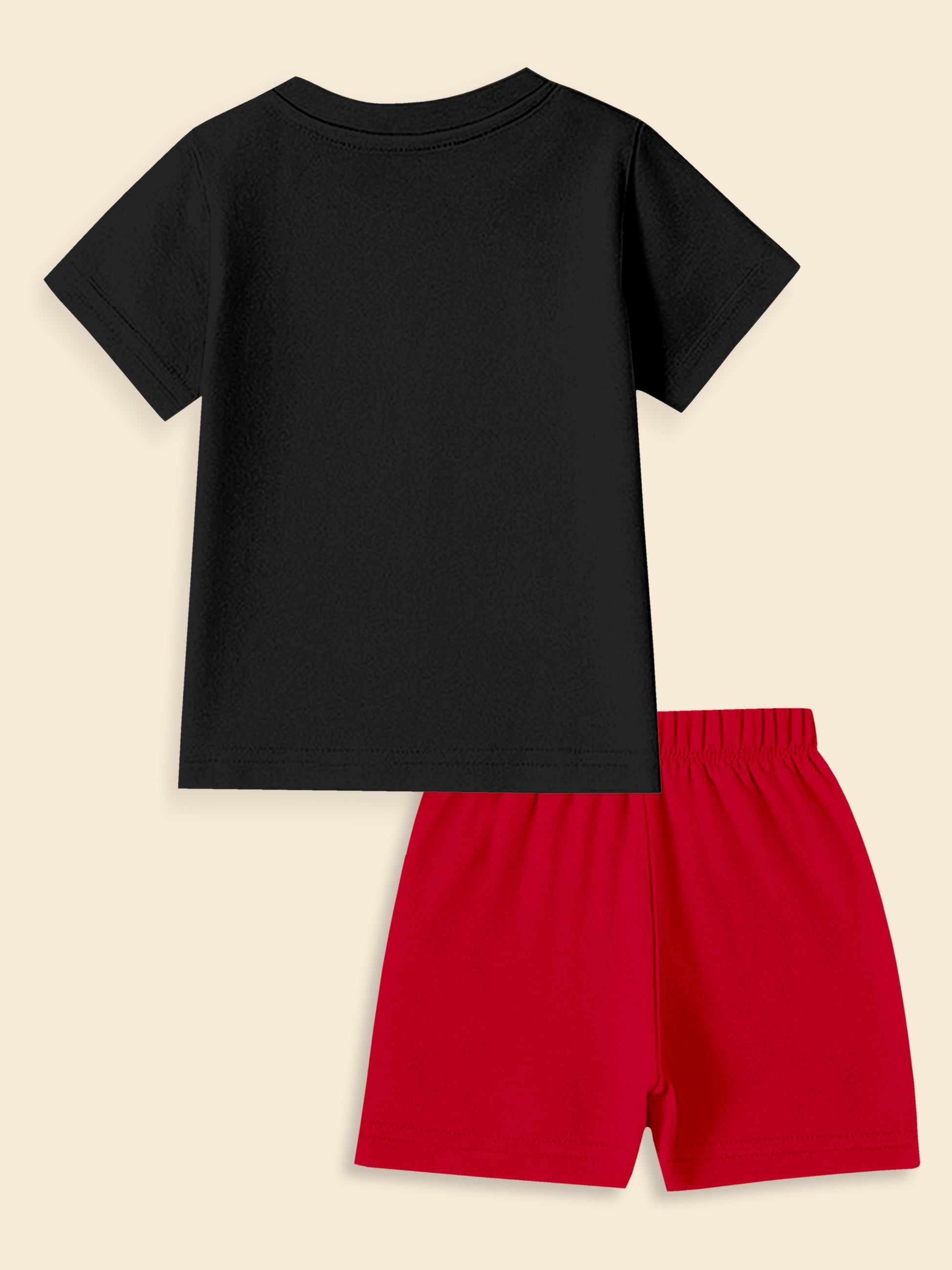 Black short-sleeve t-shirt and red shorts set on beige background