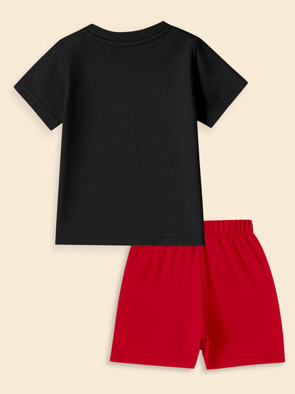 Black short-sleeve t-shirt and red shorts set on beige background