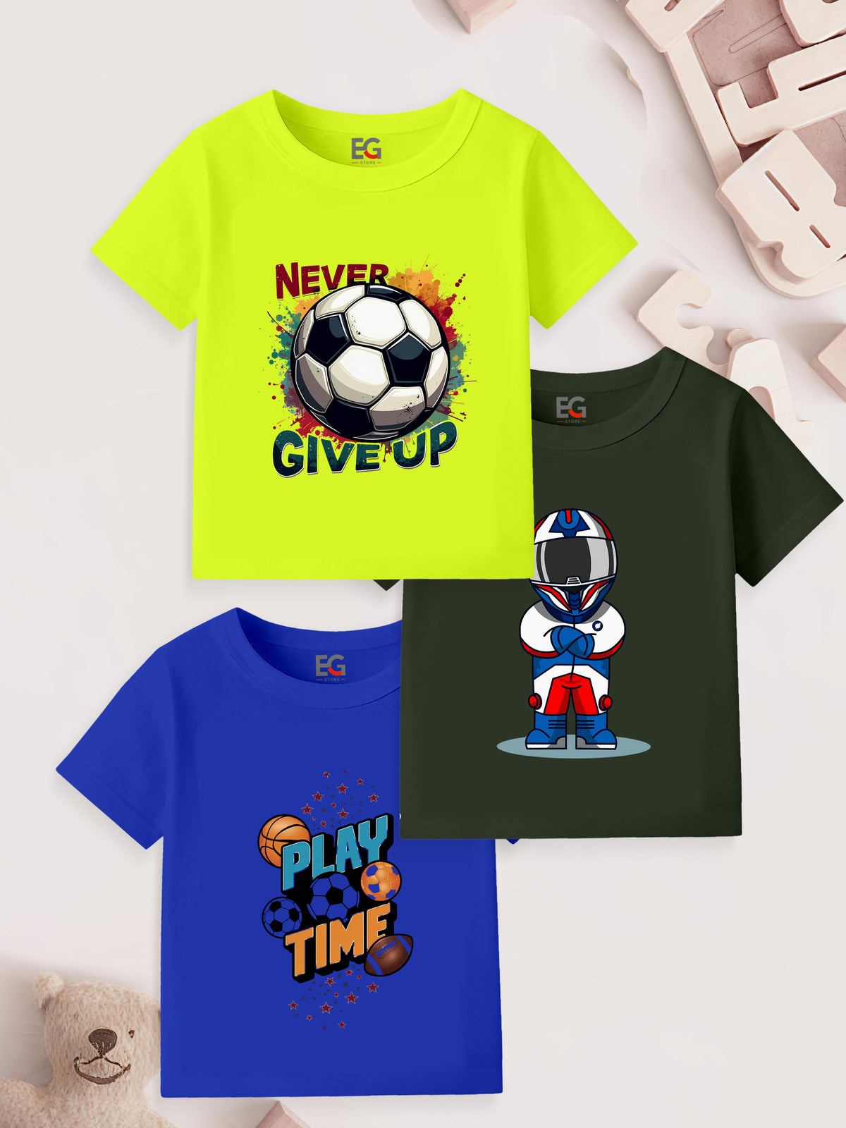 Kids' t-shirt set with soccer, sports graphics and playful cartoon prints