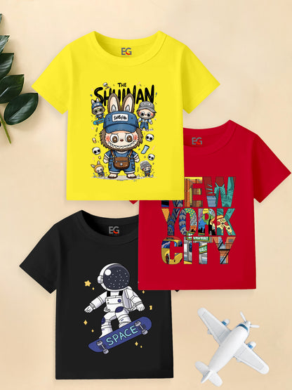 Three colorful kids' t-shirts, with cartoon animal, New York City, and astronaut space designs.