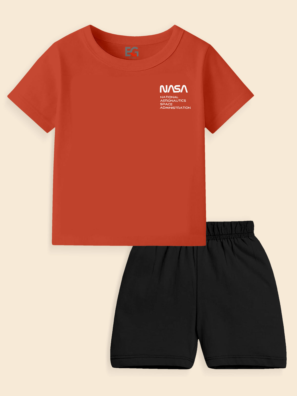 Red NASA t-shirt and black shorts kids clothing set on beige background