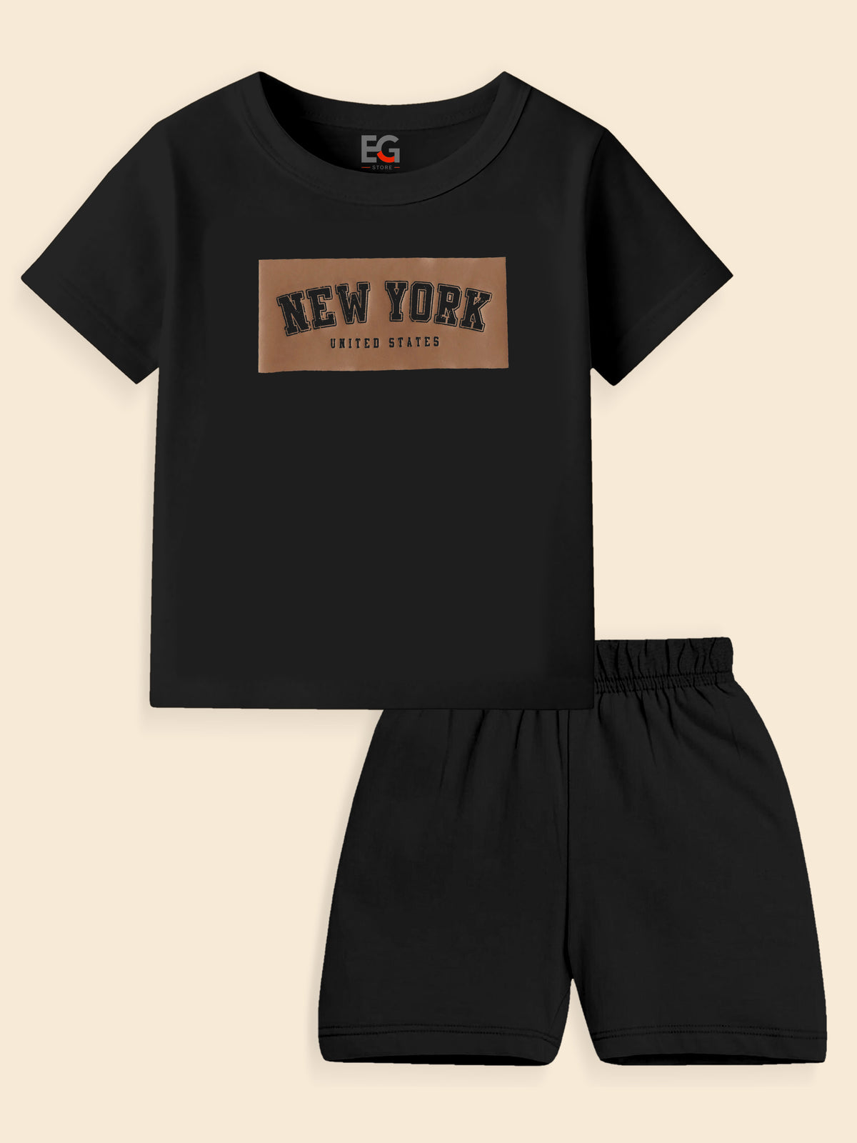Black kids' t-shirt and shorts set with 'New York United States' text on chest.