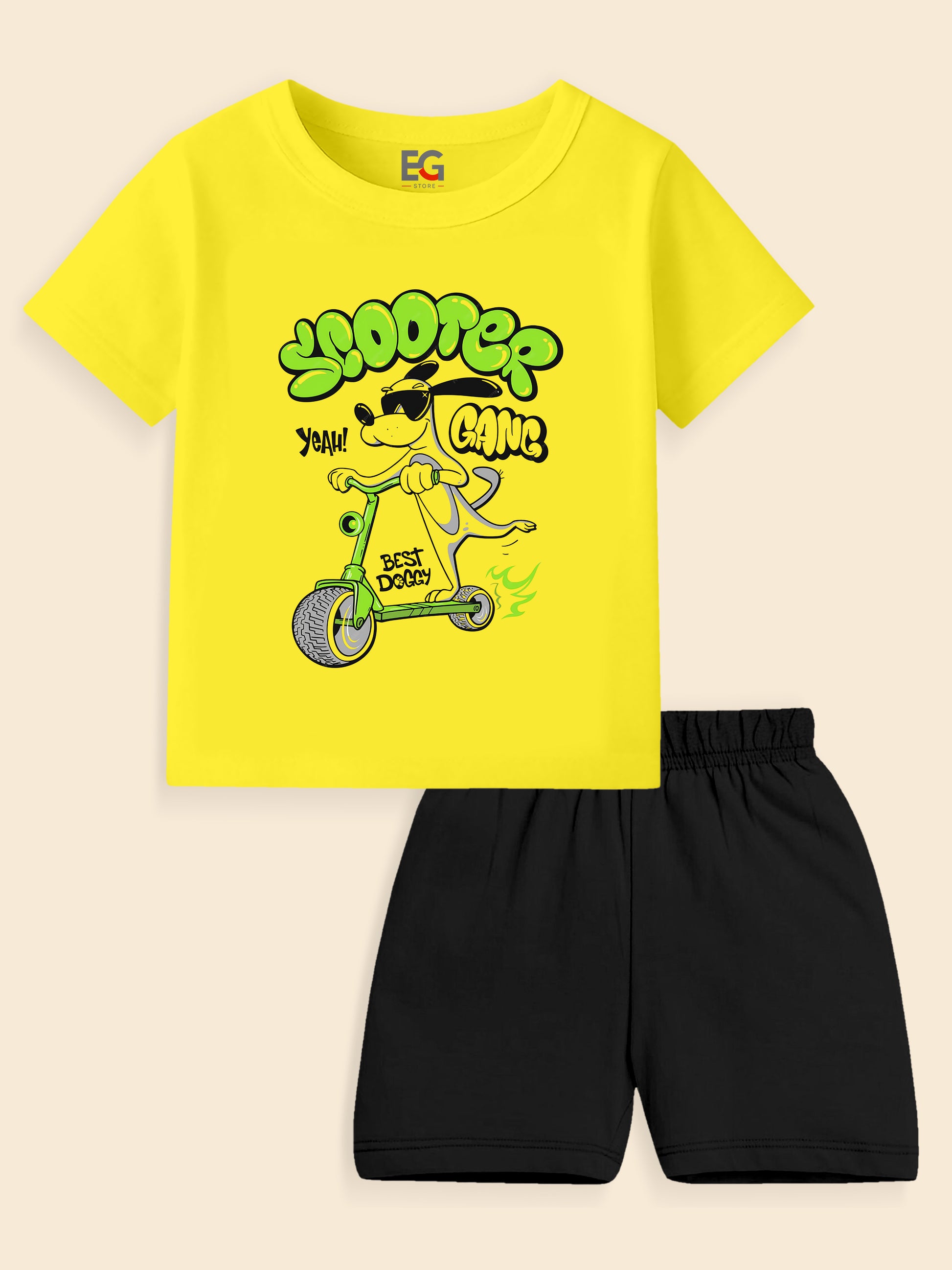 Yellow kids t-shirt with cartoon dog on a scooter and black shorts set
