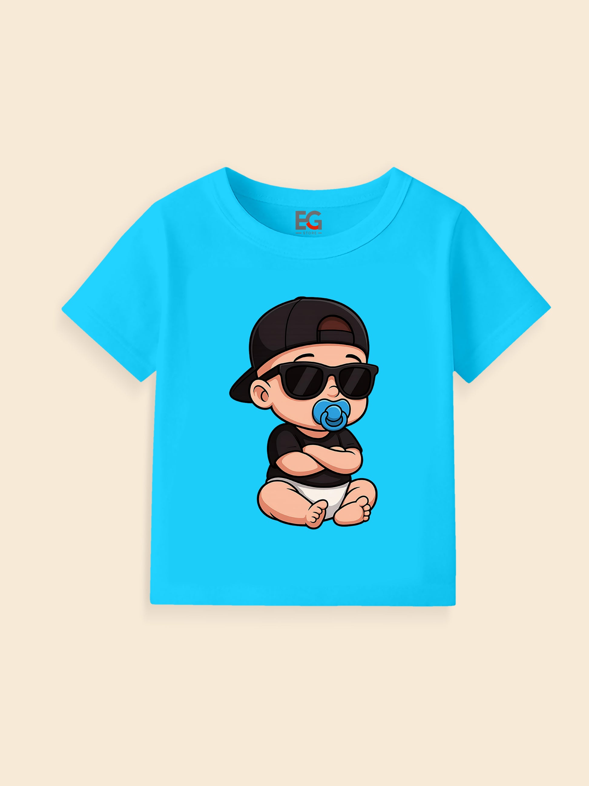 Blue kids t-shirt with cartoon baby in sunglasses, cap, and pacifier graphic
