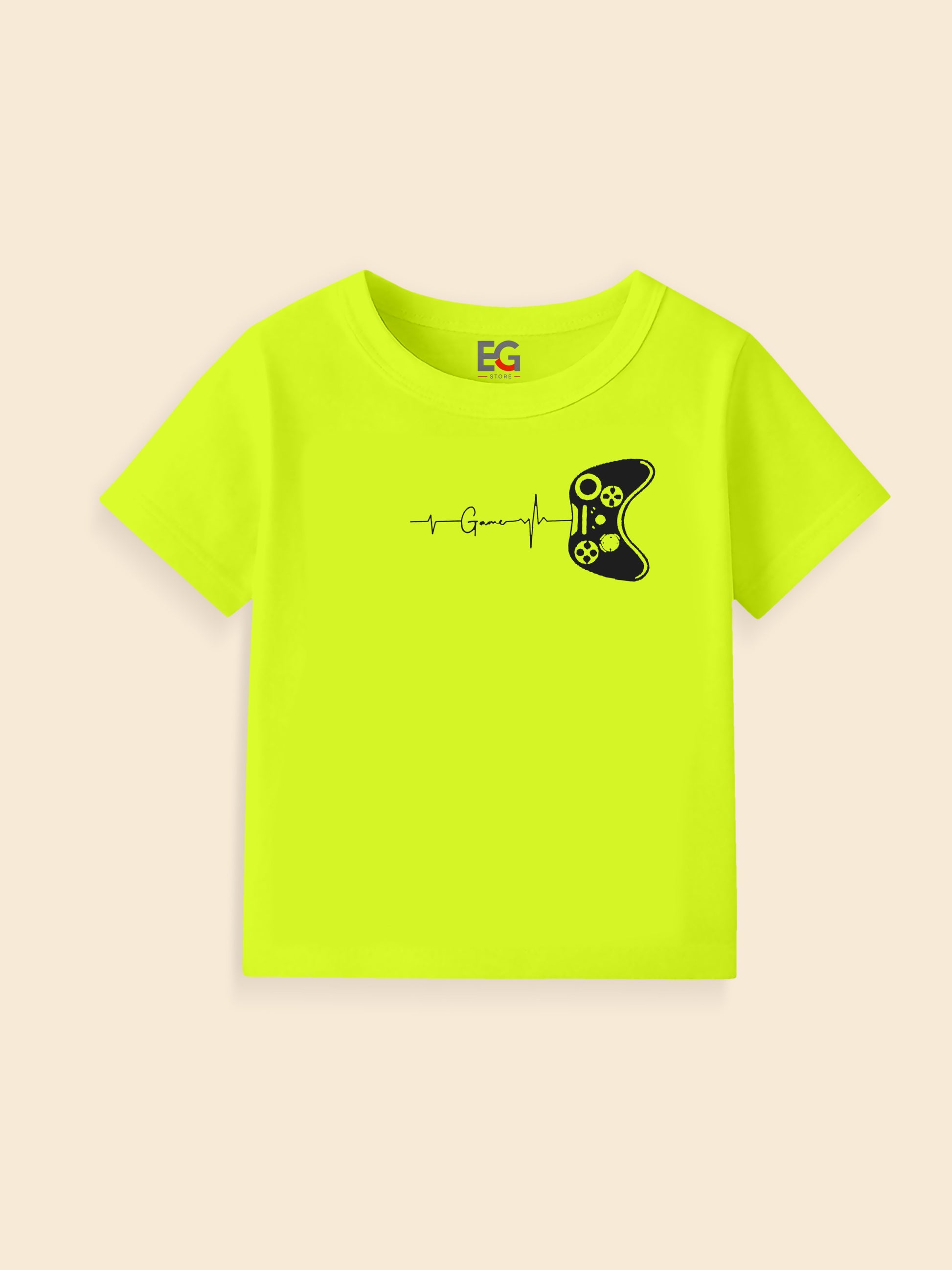 Neon yellow kids t-shirt with black game controller and heartbeat graphic print