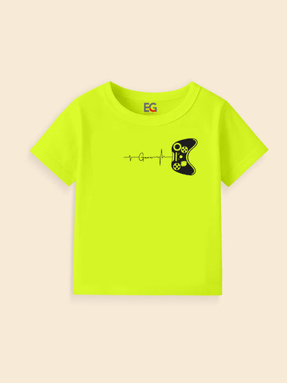 Neon yellow kids t-shirt with black game controller and heartbeat graphic print