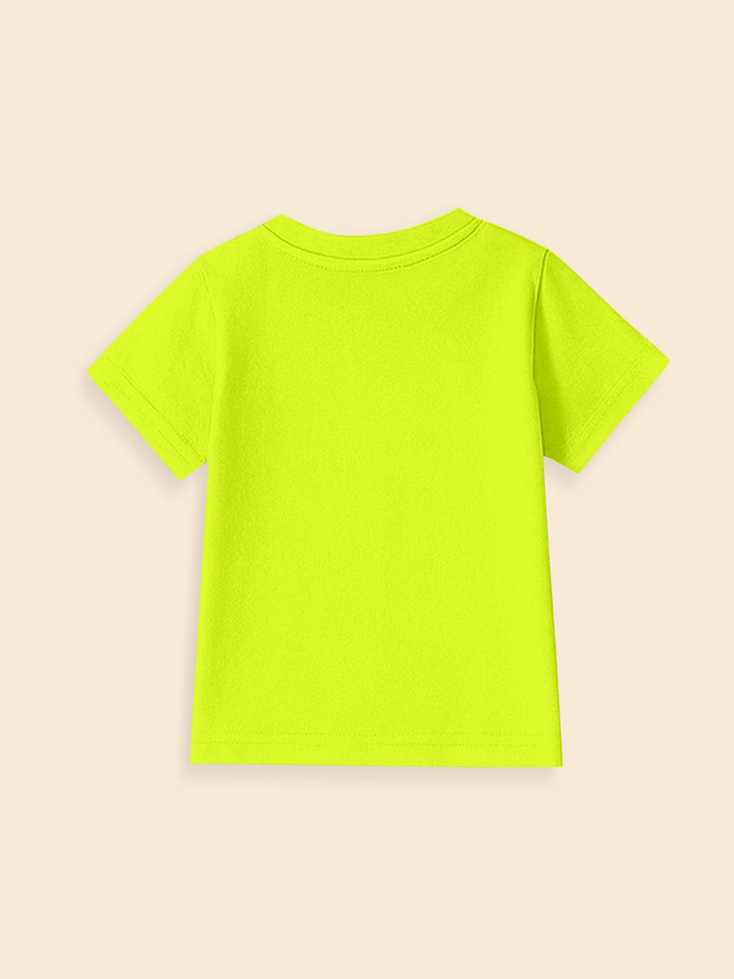 Back view of a neon yellow short sleeve kids t-shirt on a neutral background