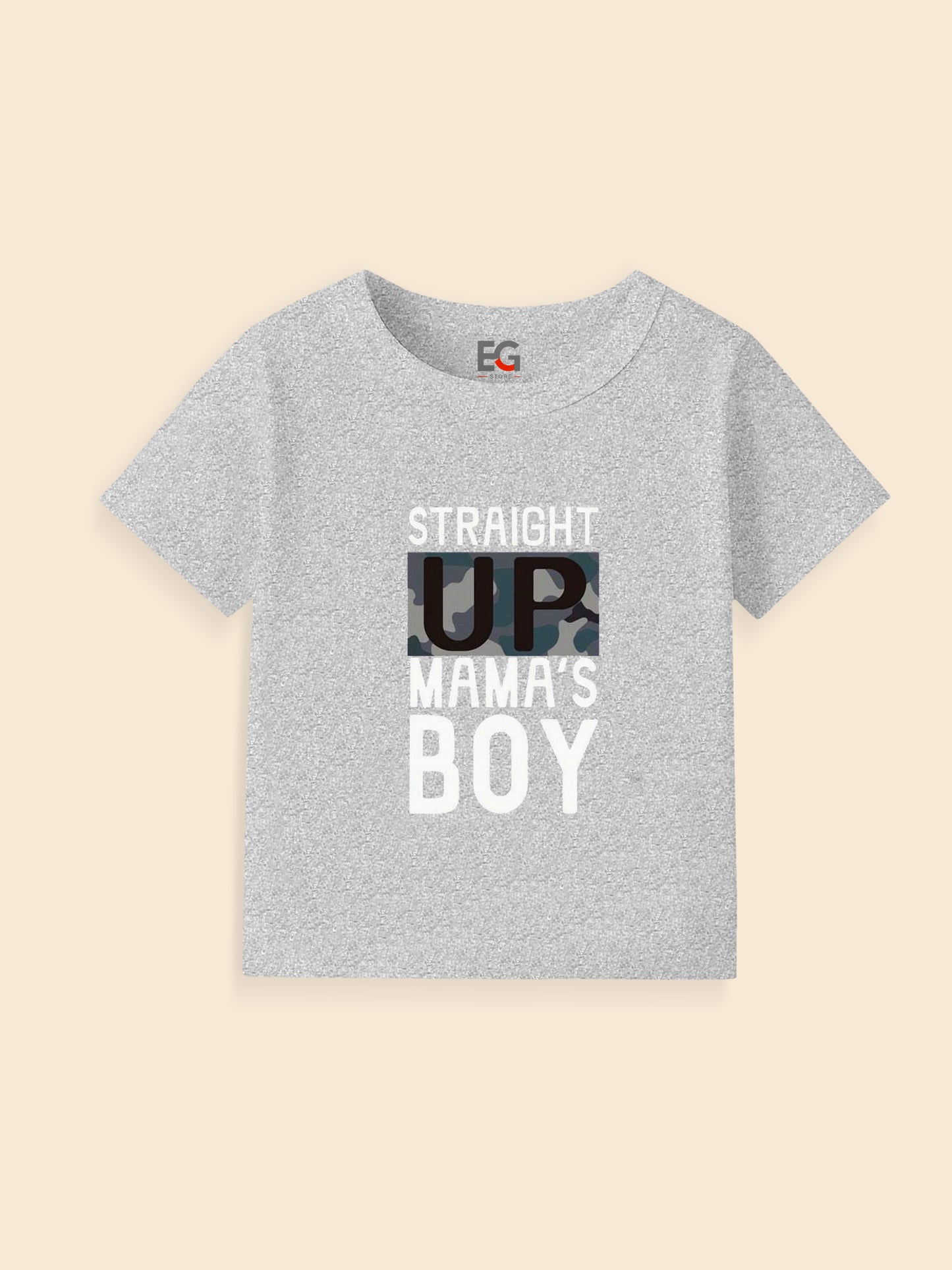 Gray kids t-shirt with 'Straight Up Mama's Boy' text and camouflage print on UP