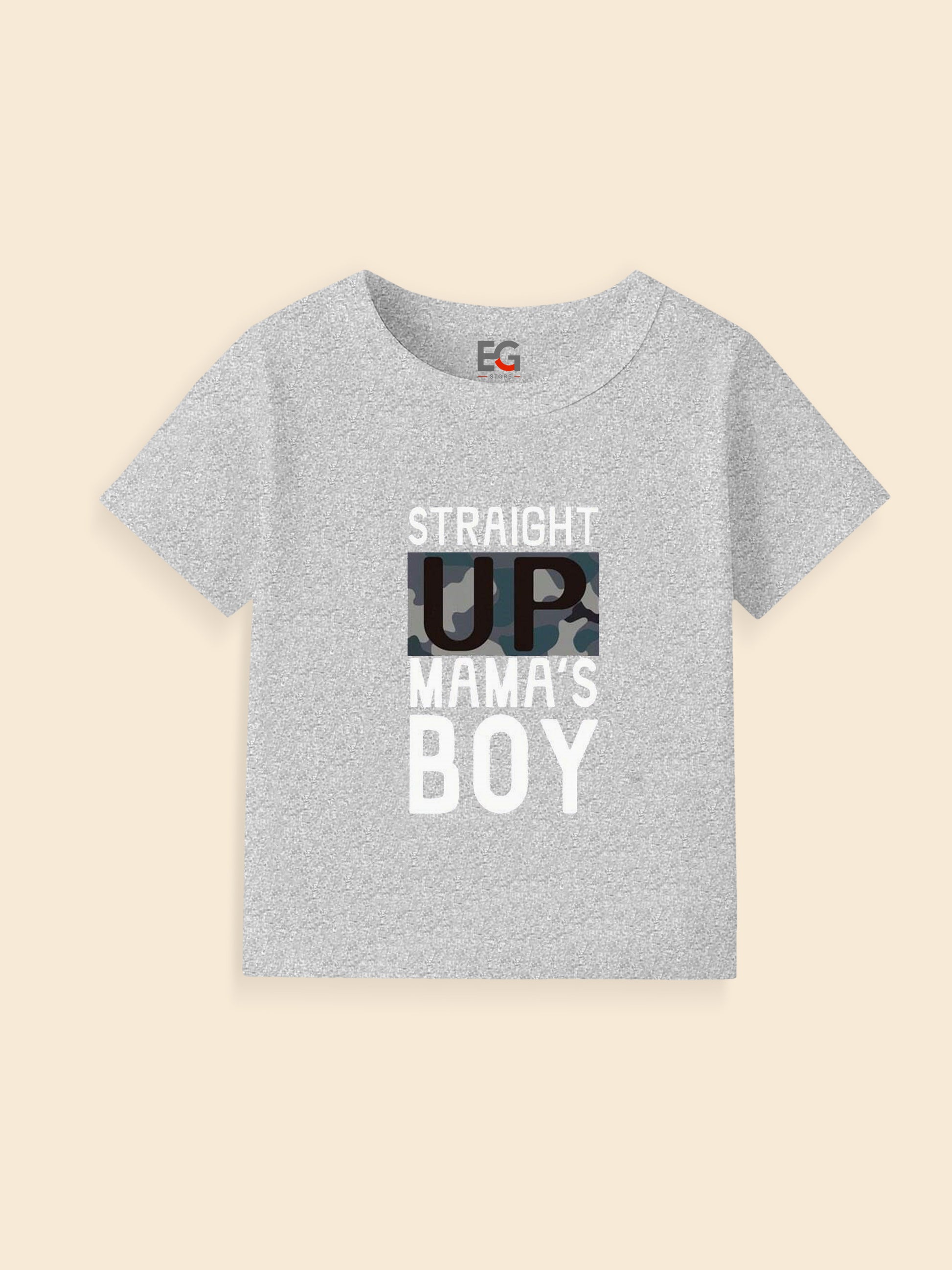 Gray kids t-shirt with 'Straight Up Mama's Boy' text and camouflage print on UP