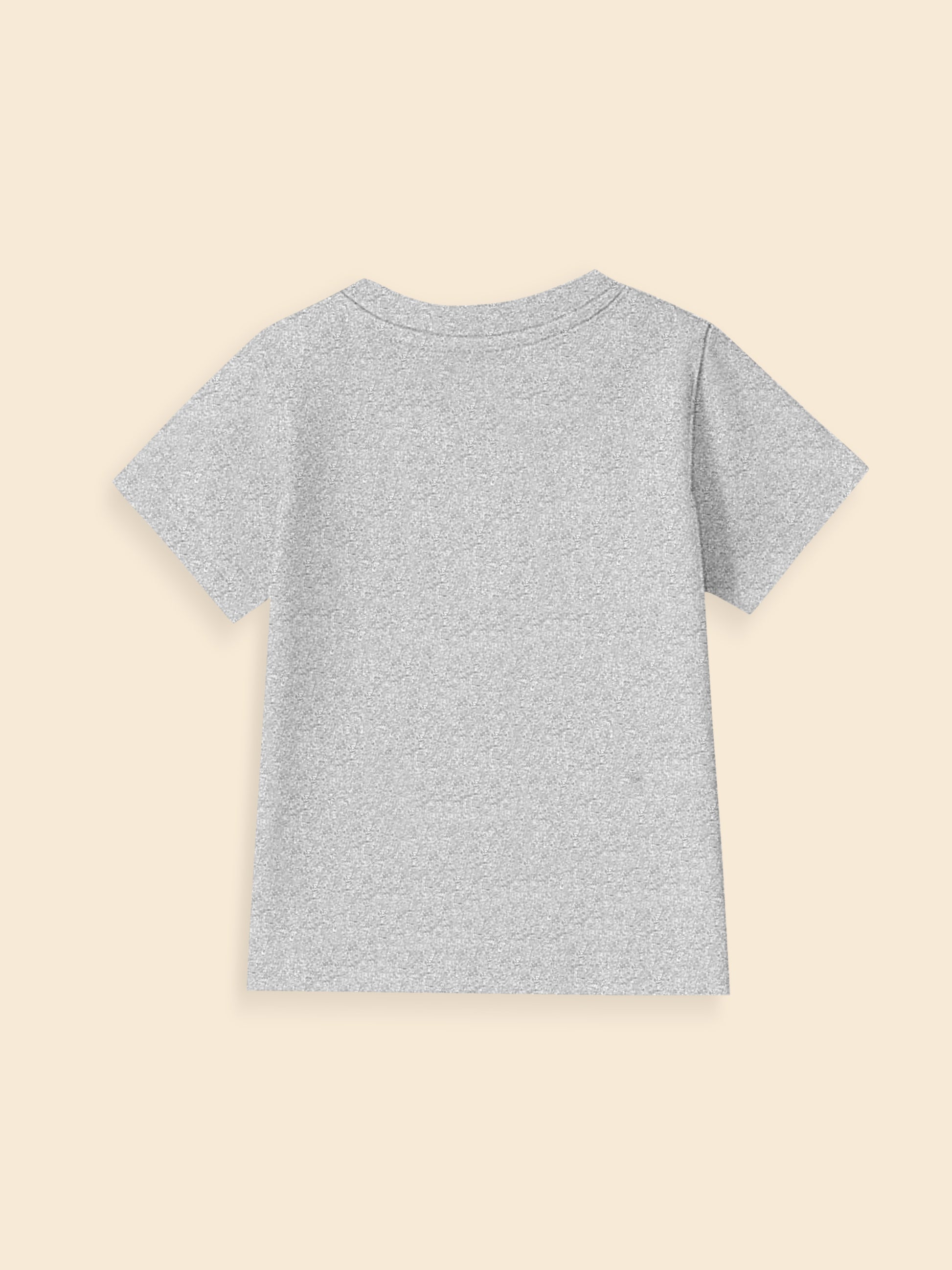 Back view of plain grey short sleeve t-shirt on beige background