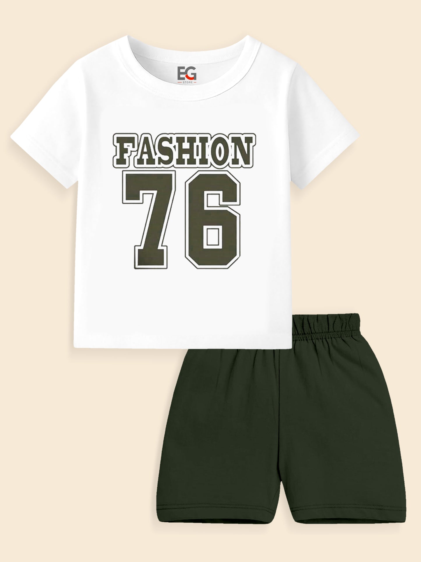 Kids' white t-shirt with 'Fashion 76' print and dark green shorts set on beige background