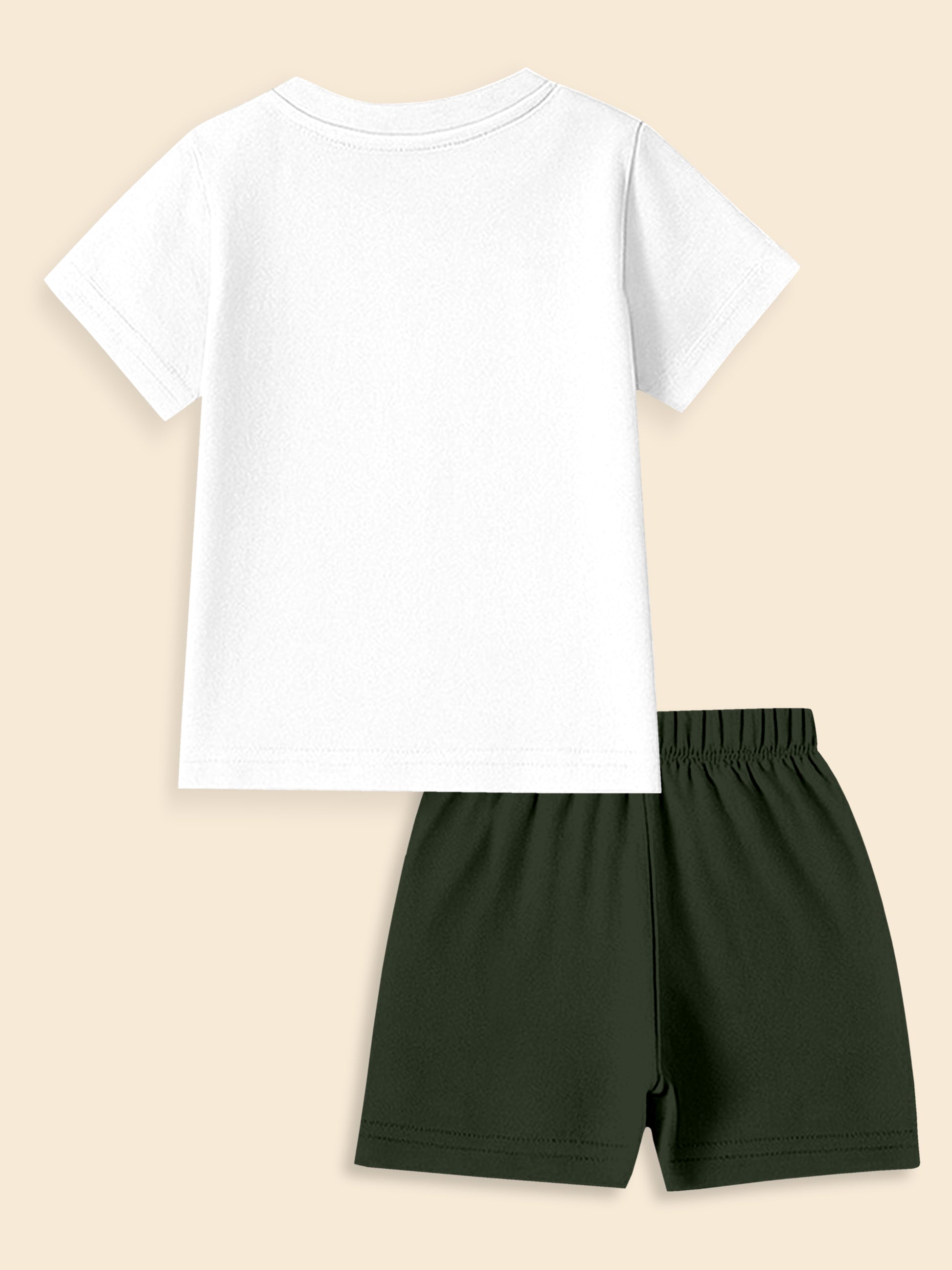 White short-sleeve t-shirt and dark green shorts set, back view, on beige background
