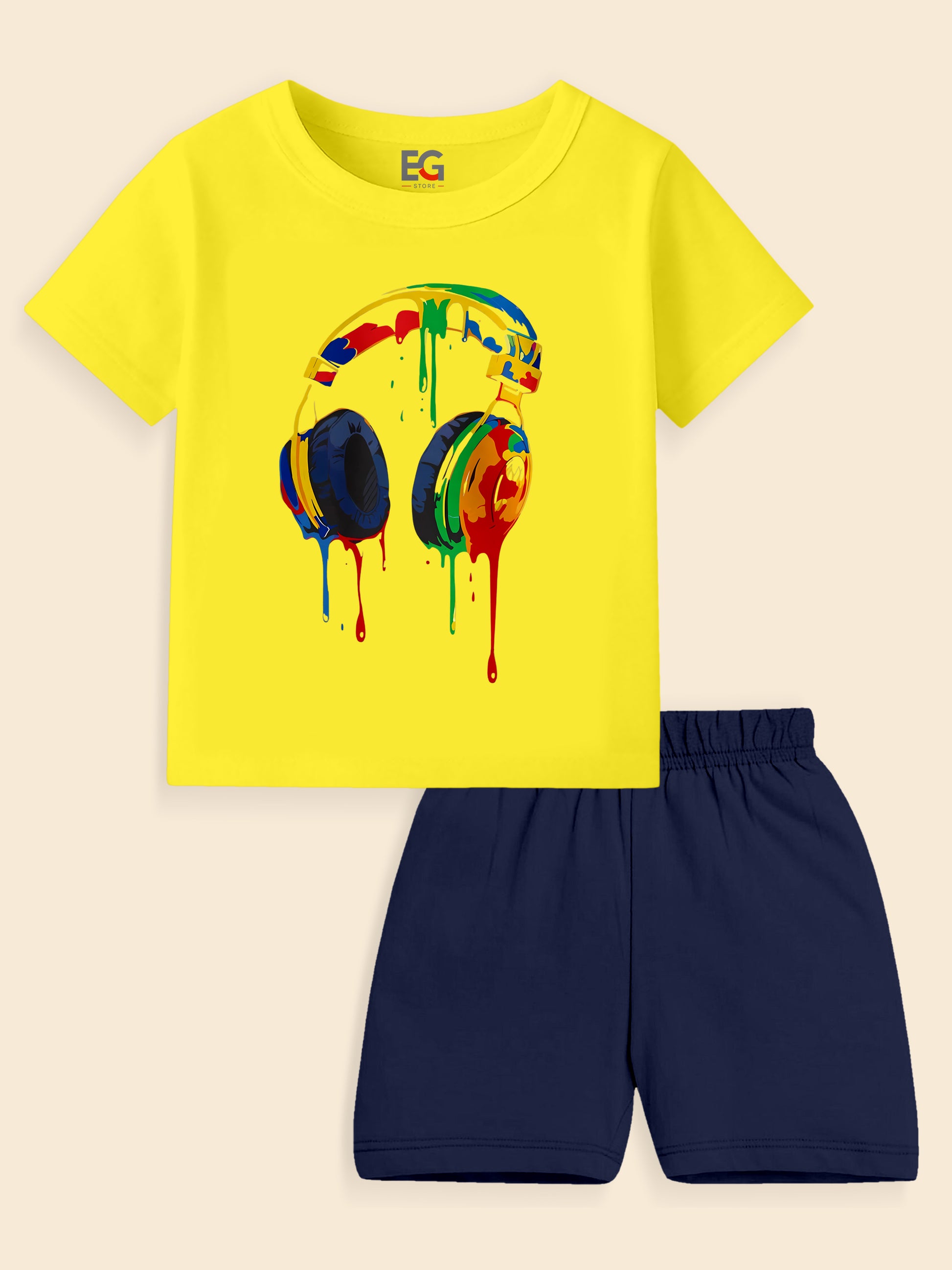 Kids yellow t-shirt with colorful headphone print and navy blue shorts set