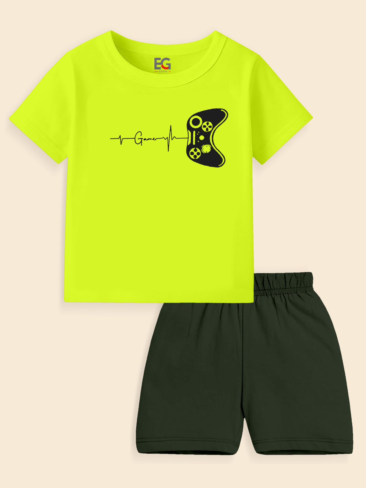 Kids neon yellow gamer t-shirt with black game controller graphic and matching black shorts set