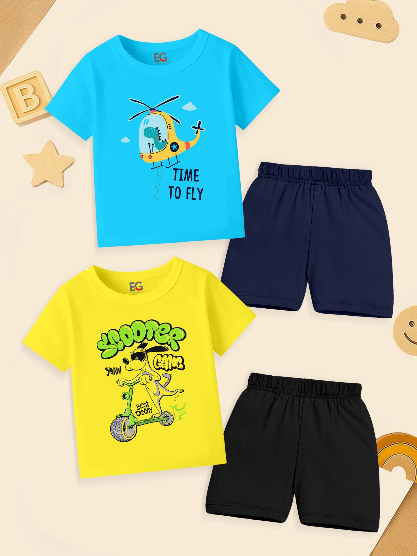Colorful kids' t-shirt and shorts sets, blue with helicopter and yellow with dog on scooter prints