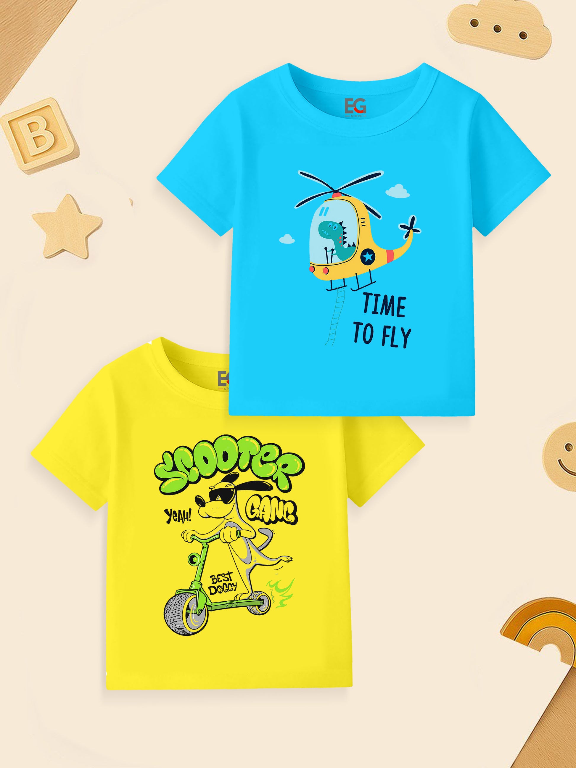 Bright blue kids' t-shirt with dinosaur in helicopter and yellow t-shirt with cartoon dog on scooter