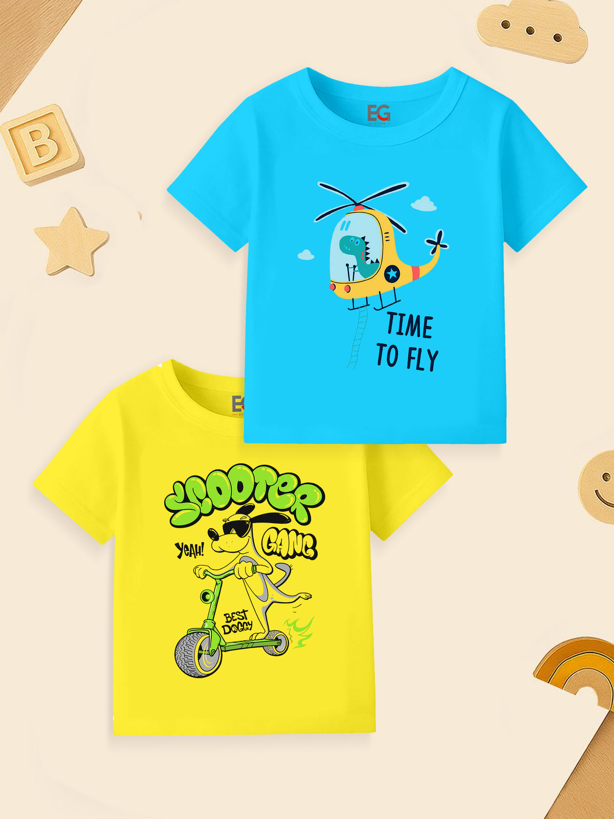 Bright blue kids' t-shirt with dinosaur in helicopter and yellow t-shirt with cartoon dog on scooter