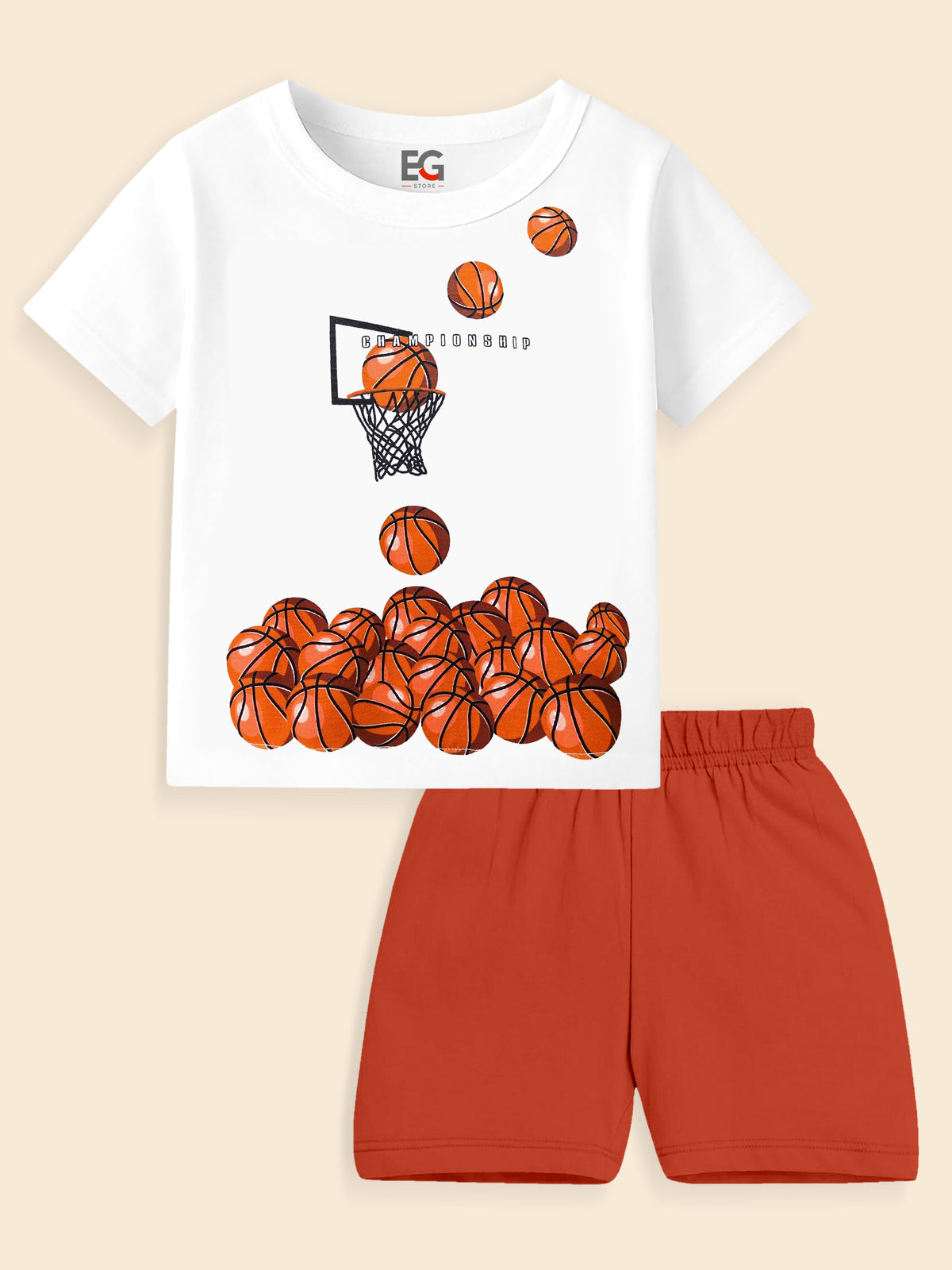 Kids basketball print t-shirt with matching orange shorts set on neutral background