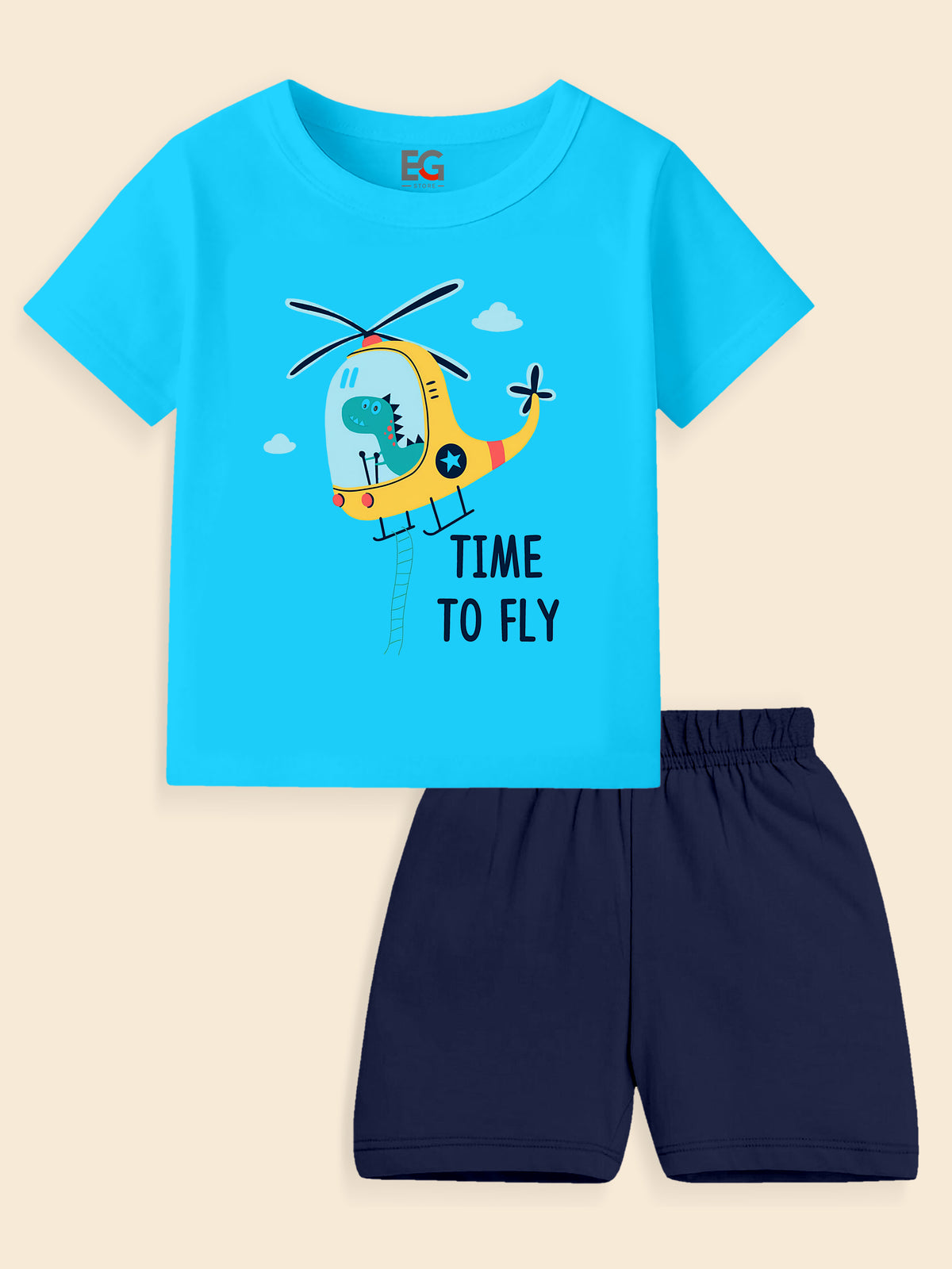 Blue kids t-shirt with cartoon helicopter and dinosaur, paired with navy shorts, time to fly print