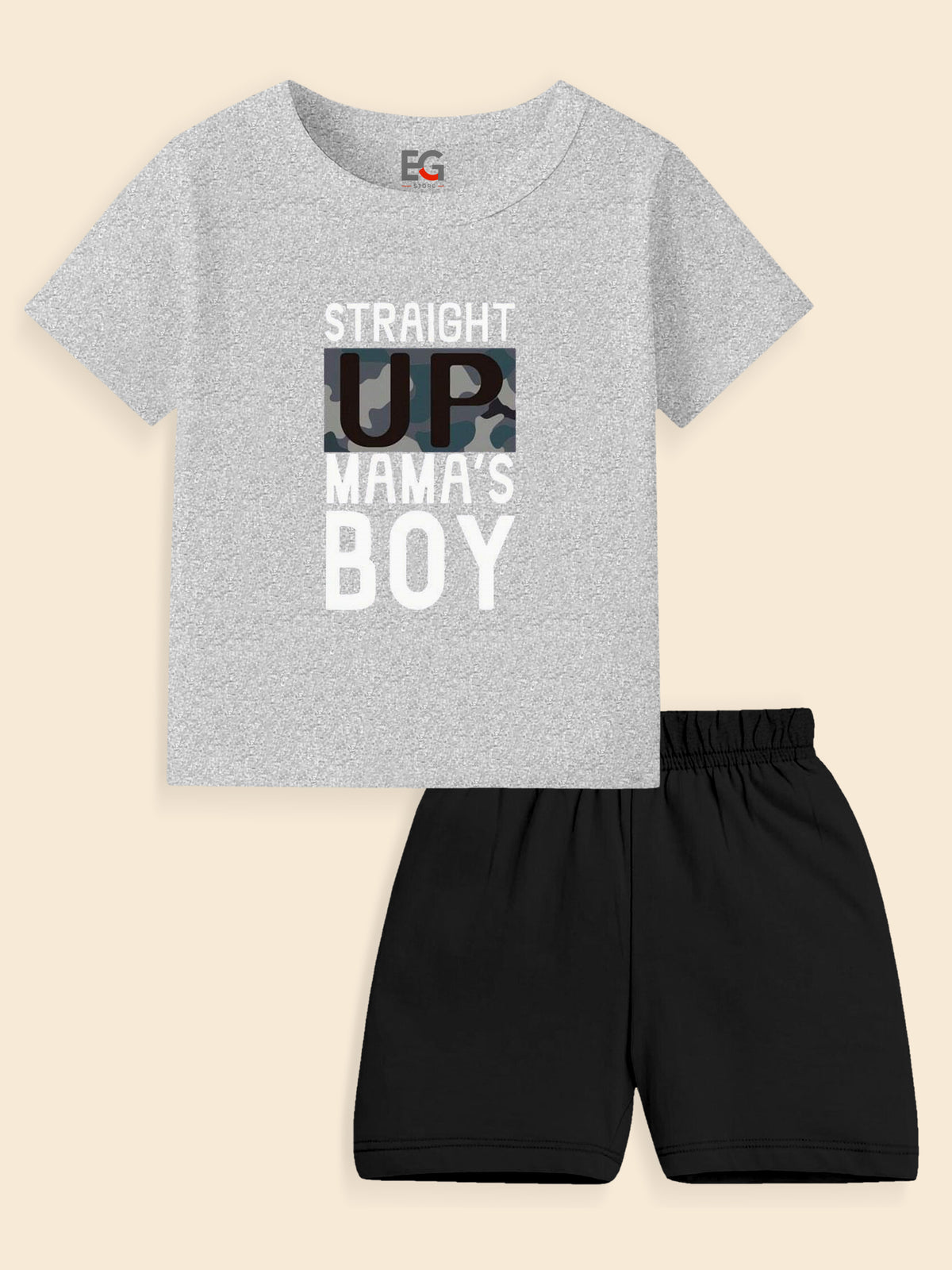 Gray t-shirt and black shorts set for boys, slogan reads 'Straight Up Mama's Boy'