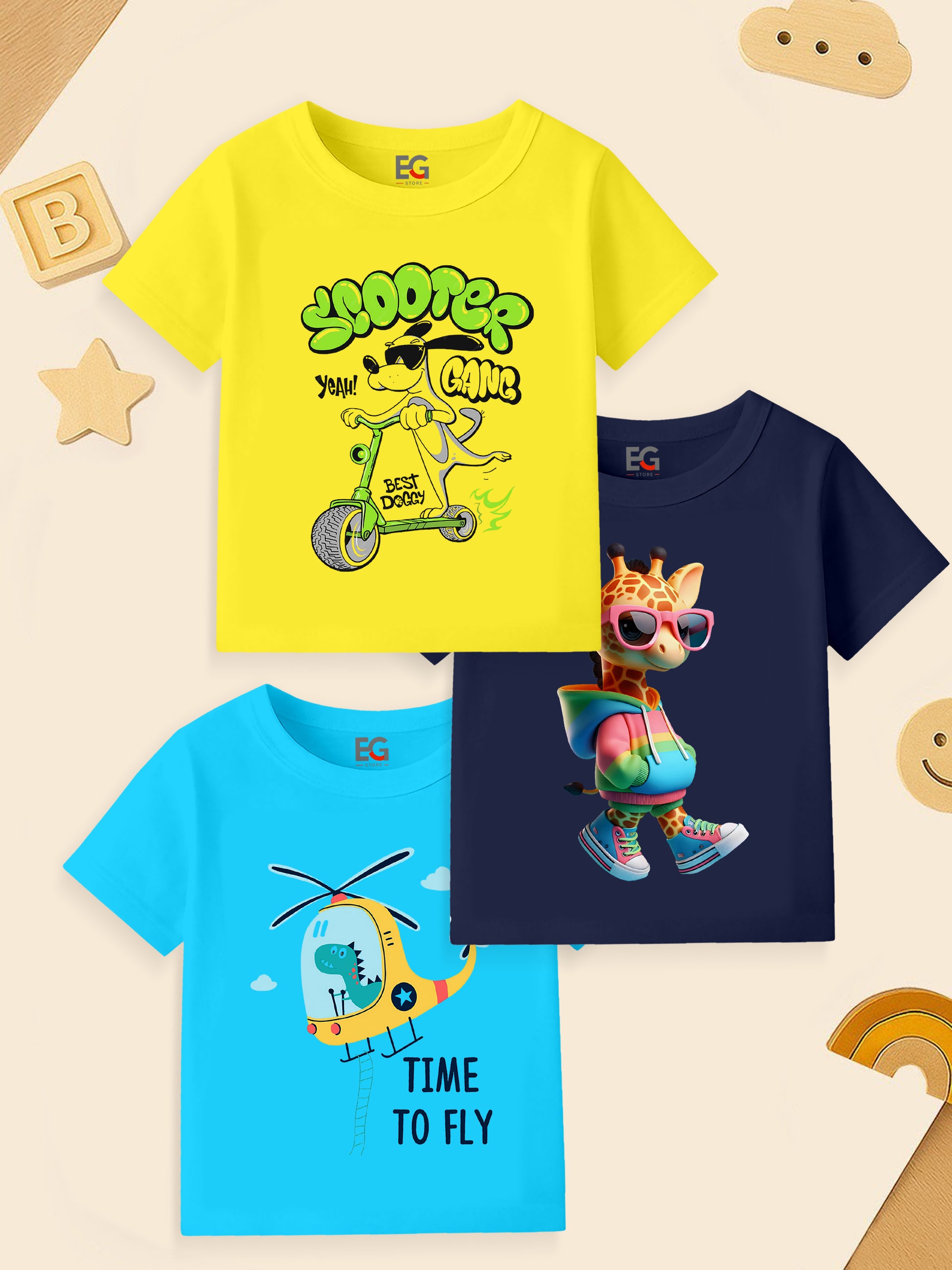 Three colorful kids' graphic t-shirts with cartoon dog, giraffe, and helicopter designs