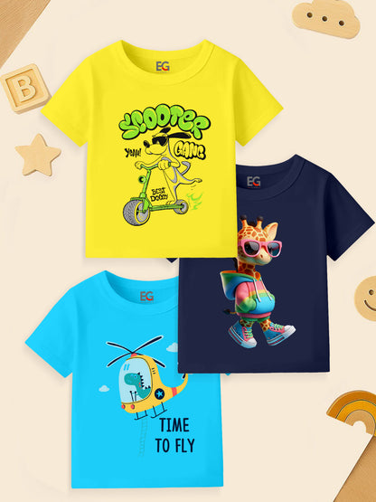 Three colorful kids' graphic t-shirts with cartoon dog, giraffe, and helicopter designs