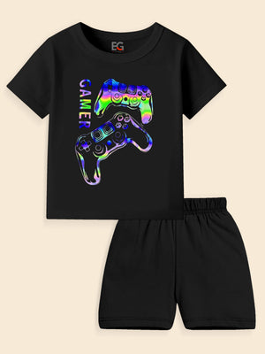 Kids black shorts set with rainbow gamer controllers graphic and 'GAMER' text on t-shirt