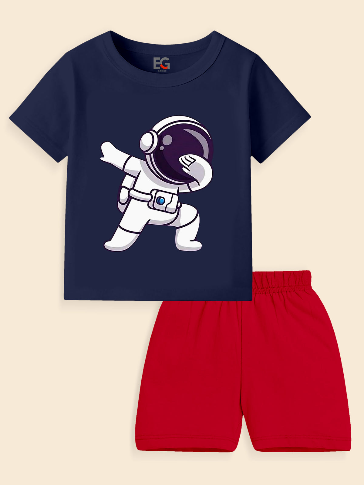 Kids navy blue t-shirt with cartoon astronaut print and red shorts set