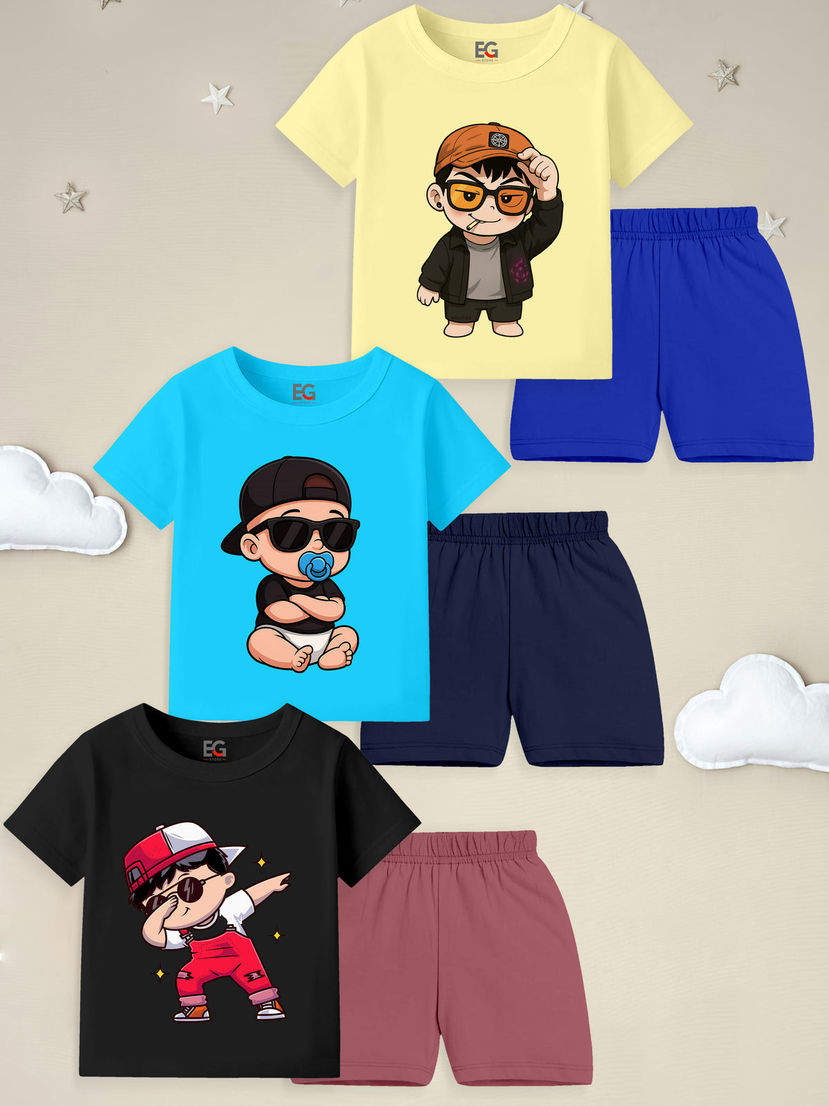 Kids cartoon print t-shirt and shorts sets in yellow, blue, and black with playful designs