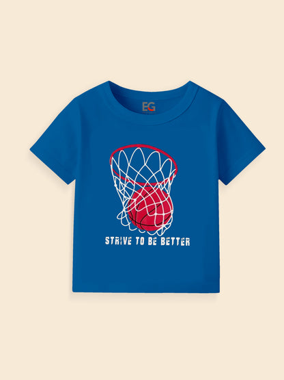 Blue kids t-shirt with basketball net and red ball graphic, strive to be better slogan