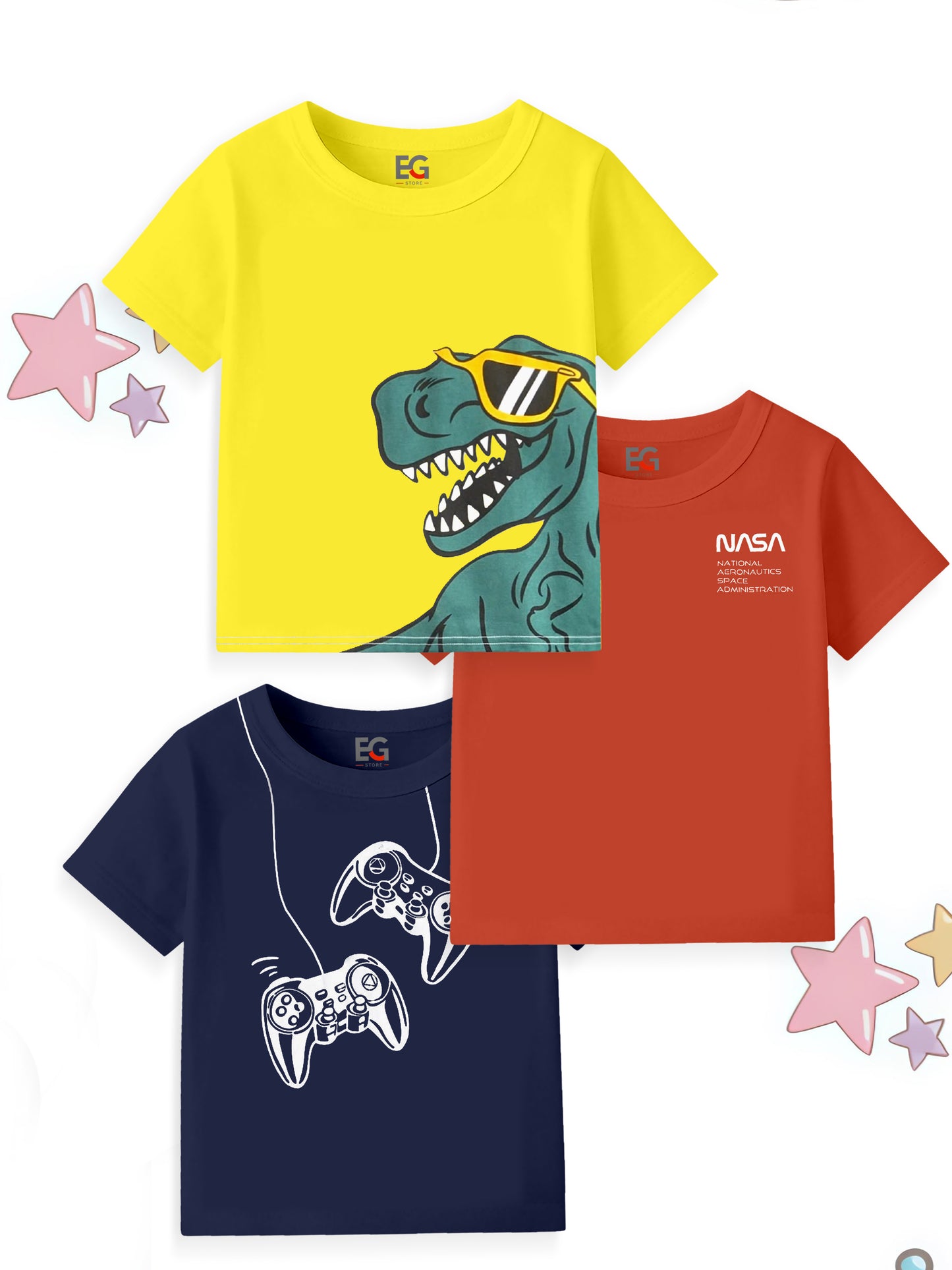 Kids' T-shirts set with dinosaur graphic, NASA print, and gaming controller design