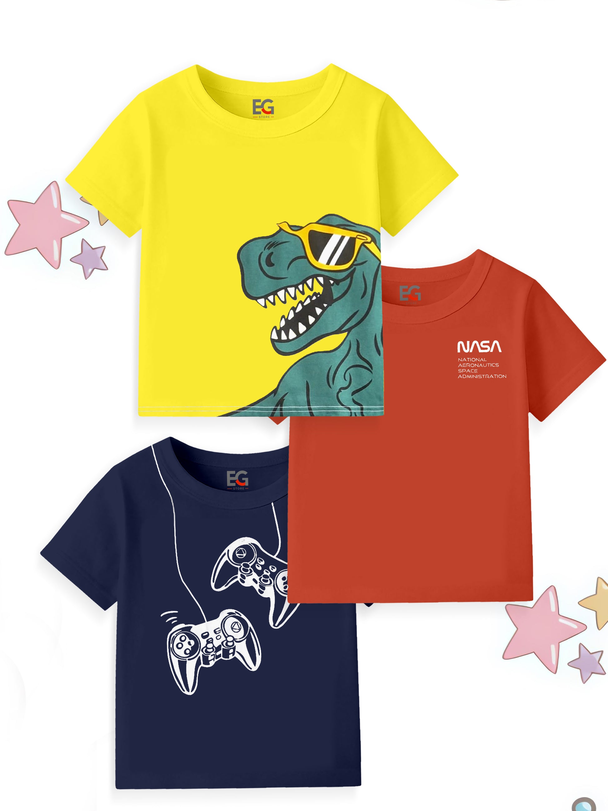 Kids' T-shirts set with dinosaur graphic, NASA print, and gaming controller design
