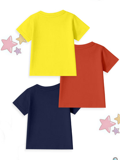 Three plain short sleeve cotton t-shirts in yellow, red, and navy blue with pastel star decorations.