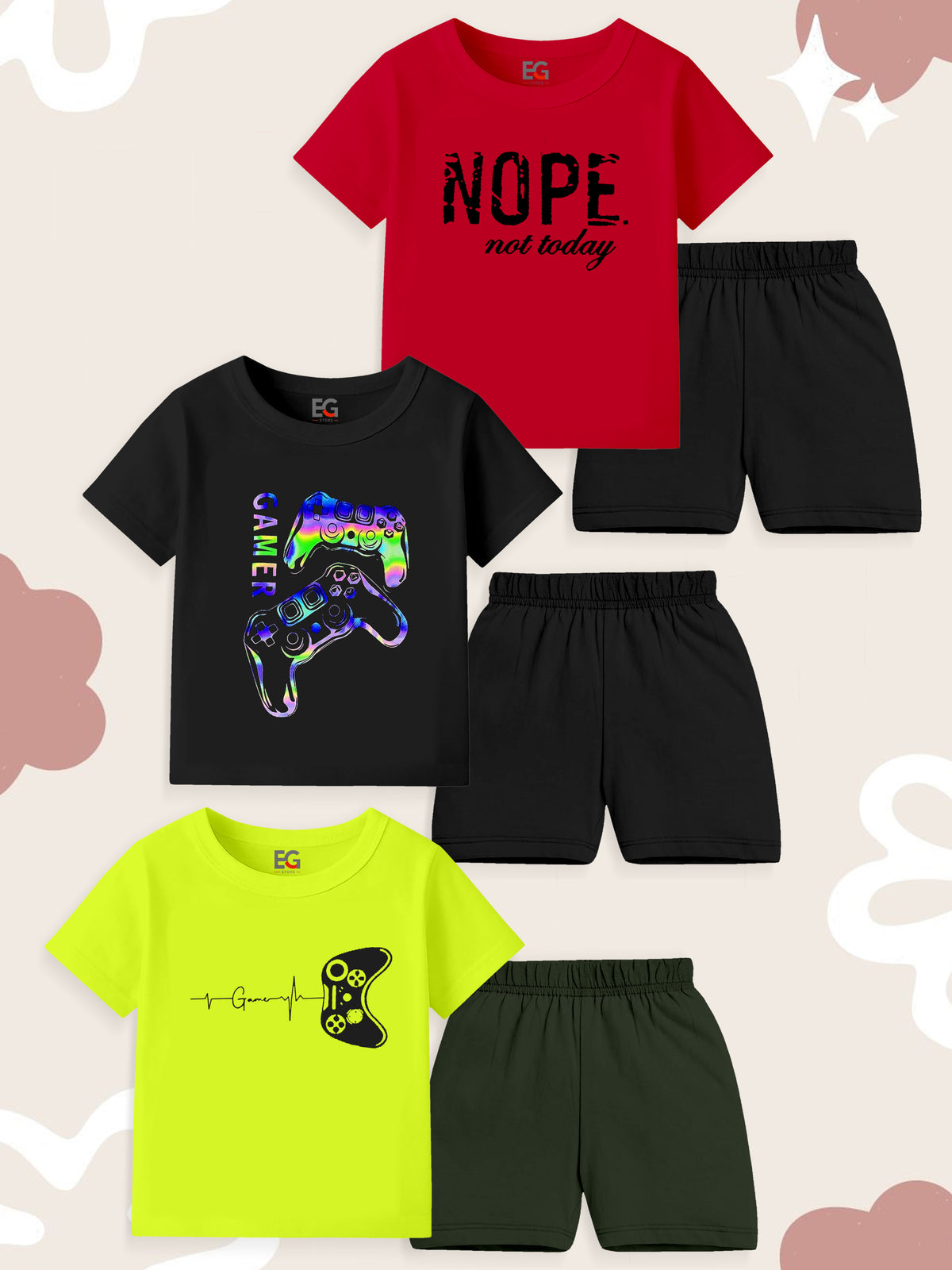 Set of three kids' summer outfits with graphic tees and shorts, gamer and slogan designs