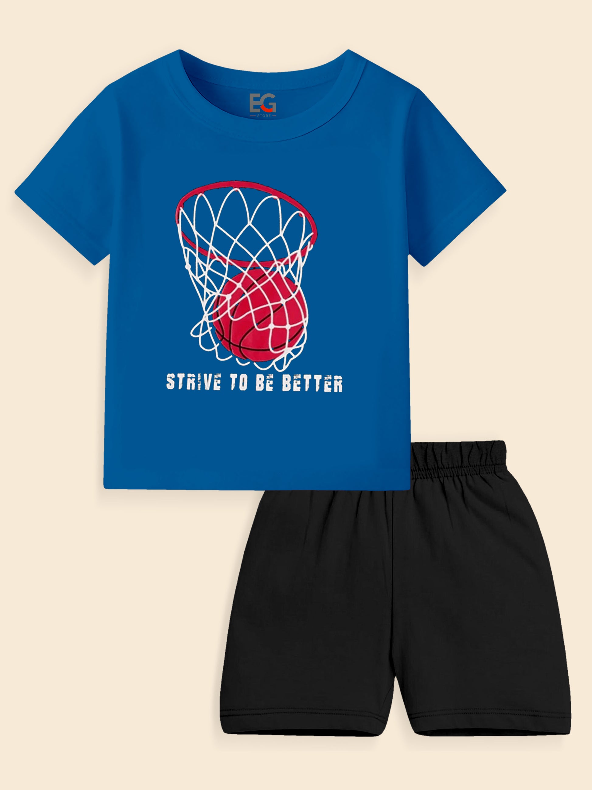 Kids' blue basketball graphic t-shirt and black shorts set, sporty outfit for children
