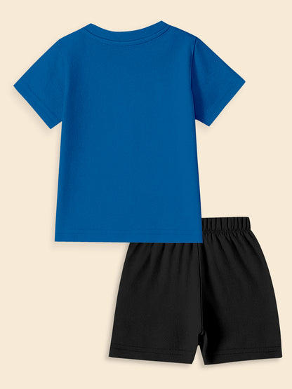 Kids blue t-shirt and black shorts set, back view, casual summer outfit