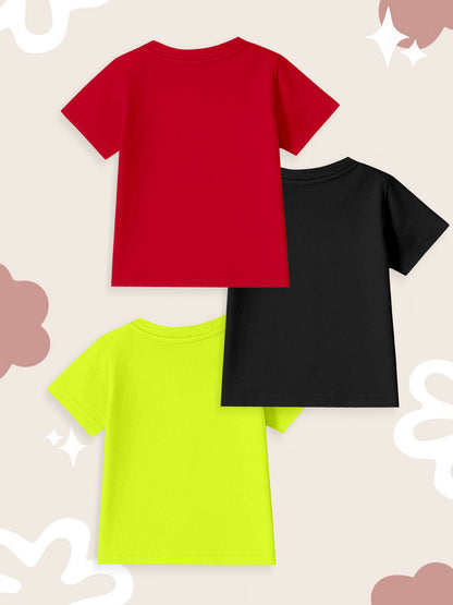 Red, black, and yellow plain short sleeve t-shirts displayed on a beige background