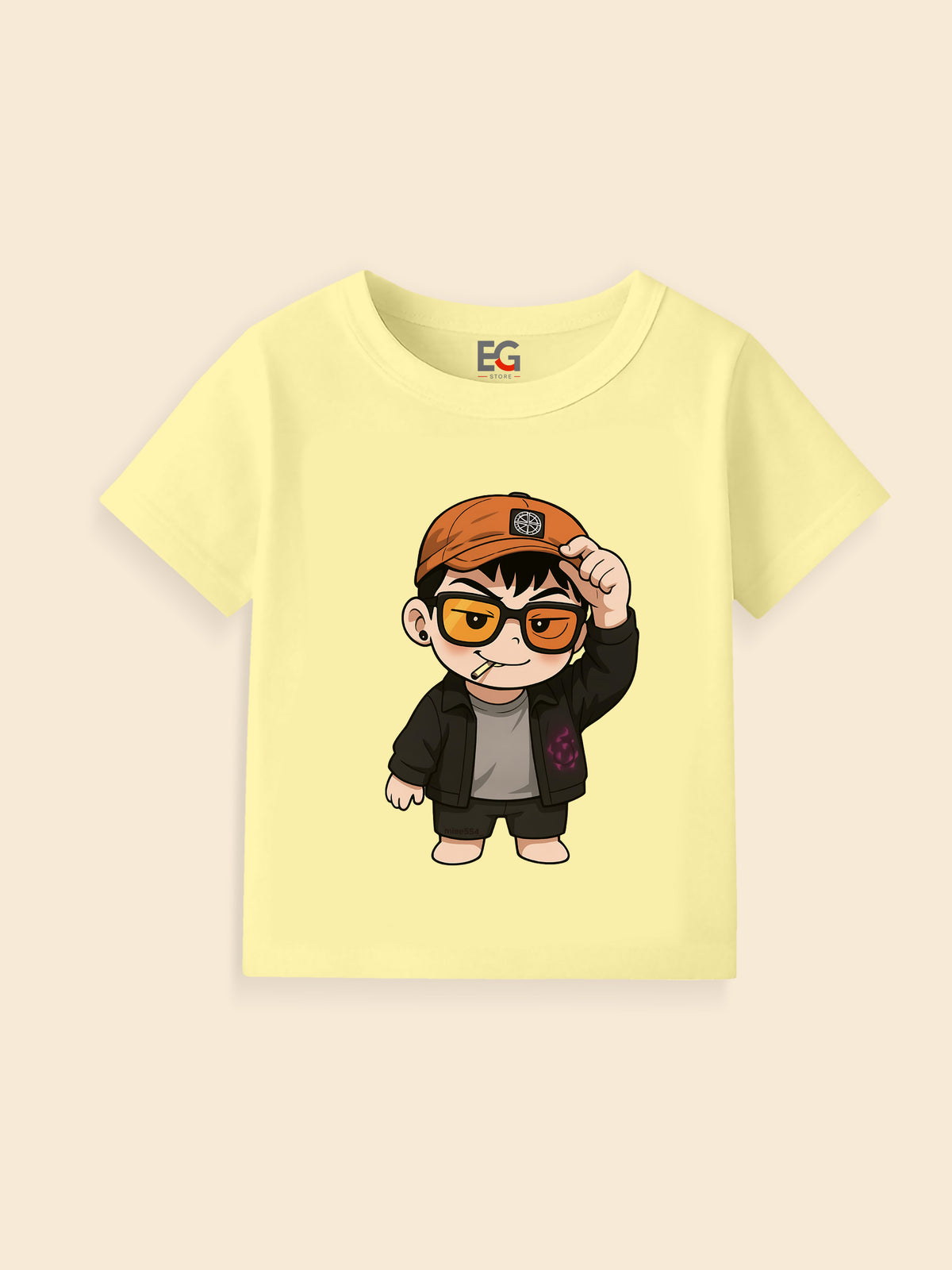 Yellow kids t-shirt with cartoon boy in orange cap and glasses graphic