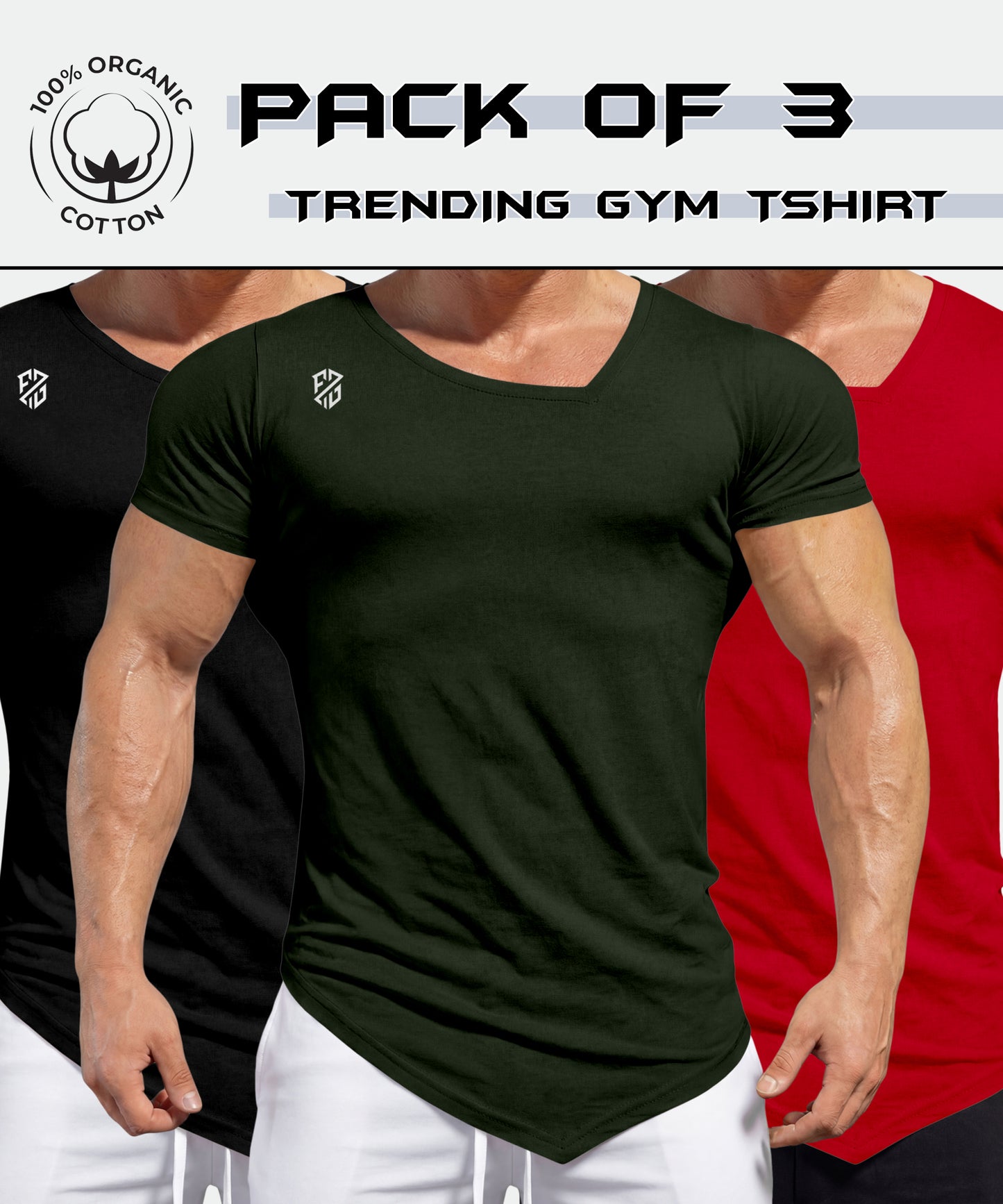Pack of 3 men's trending gym t-shirts in black, green, and red, 100% organic cotton