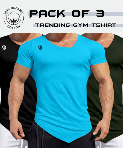 Pack of 3 men's gym t-shirts in black, blue, and olive, 100% organic cotton
