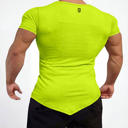 Man wearing bright yellow fitted athletic t-shirt with pointed hem and short sleeves