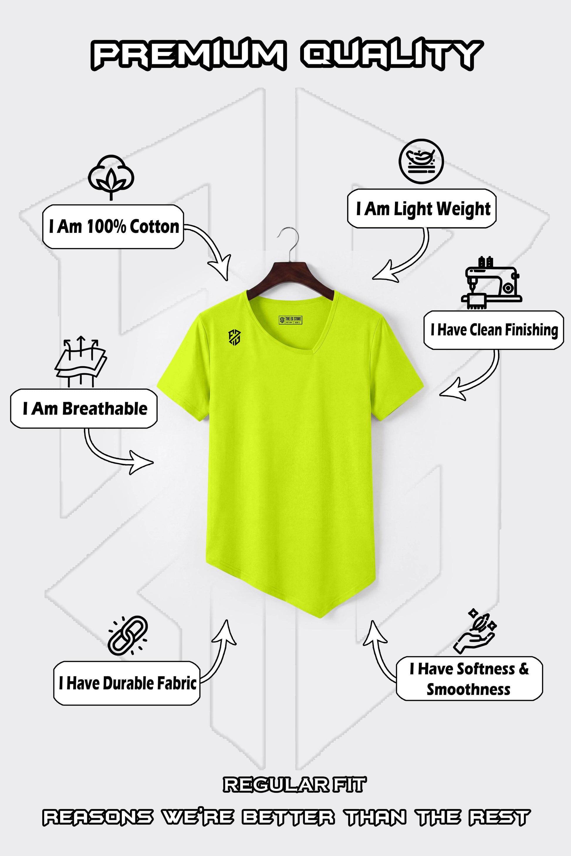 Lime green cotton t-shirt on hanger, featuring premium, breathable, soft, lightweight, durable fabric benefits.