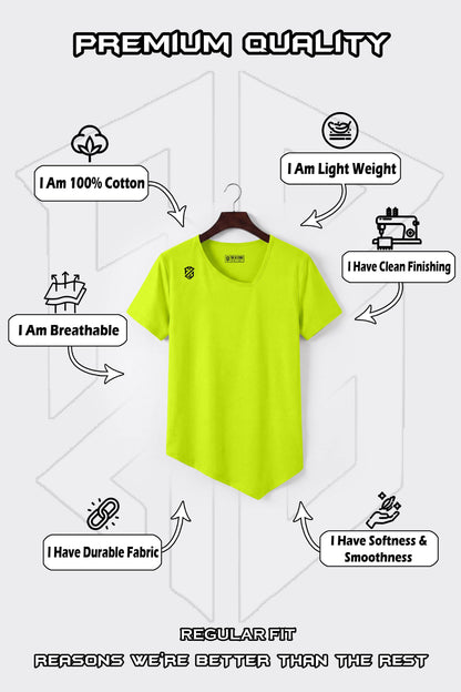 Lime green cotton t-shirt on hanger, featuring premium, breathable, soft, lightweight, durable fabric benefits.