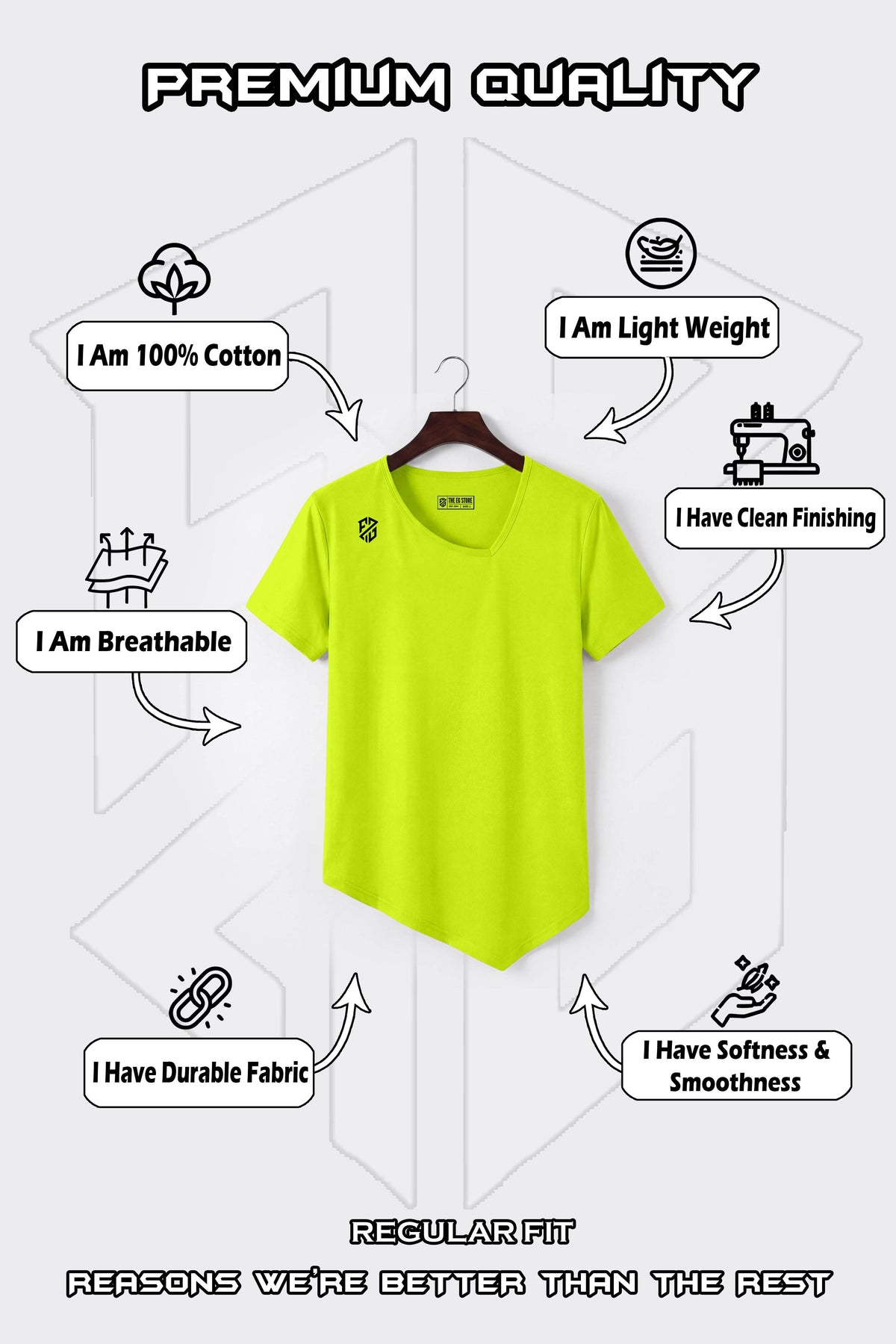 Lime green cotton t-shirt on hanger, featuring premium, breathable, soft, lightweight, durable fabric benefits.