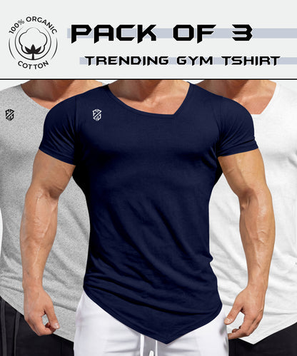 Pack of 3 men's organic cotton gym t-shirts in navy, grey, and white, displayed on models.