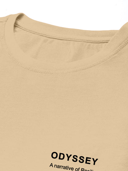 Beige crew neck t-shirt with black ODYSSEY text and minimalist design