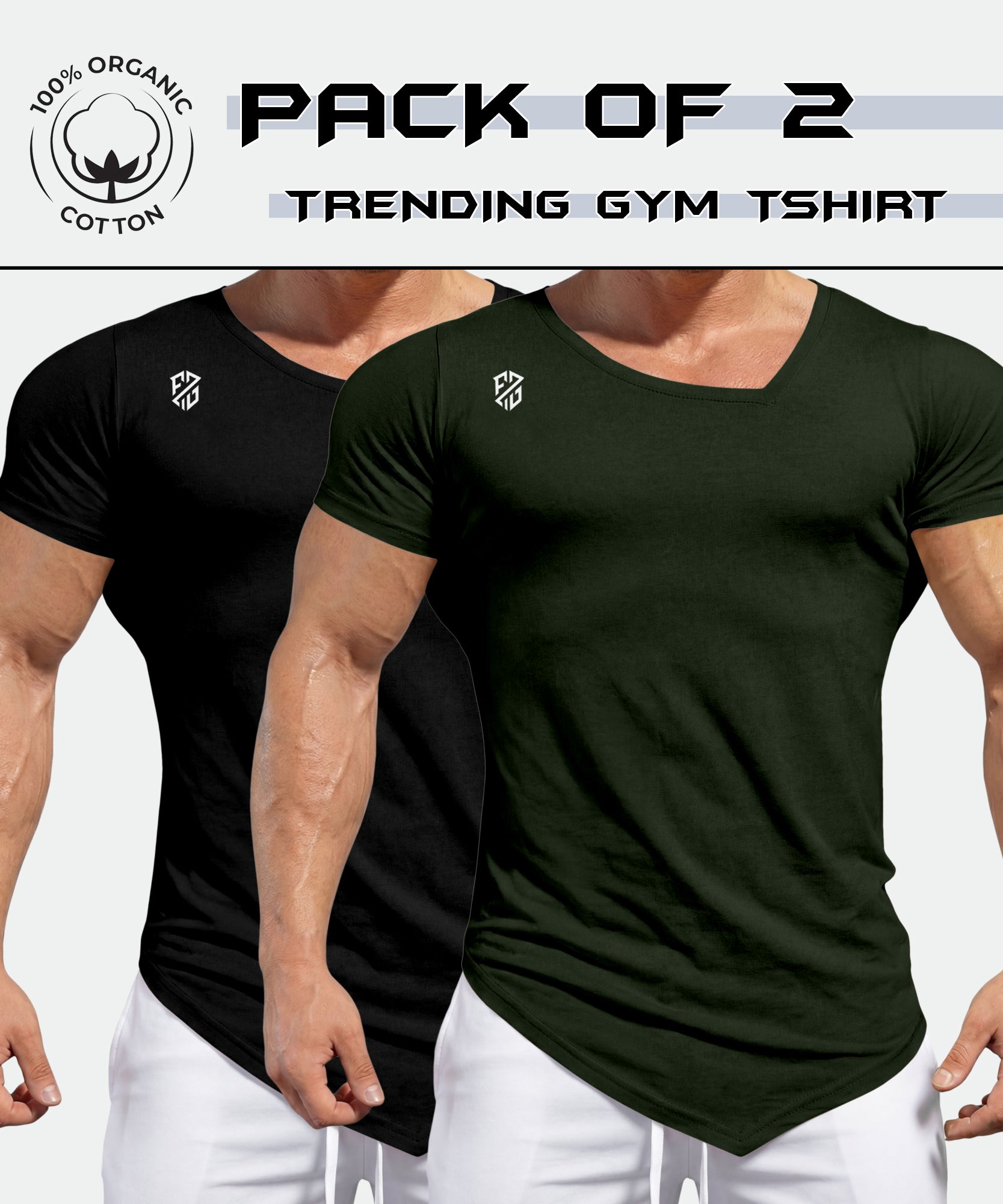 Pack of 2 men's gym t-shirts, black and green, 100% organic cotton, short sleeve, athletic fit