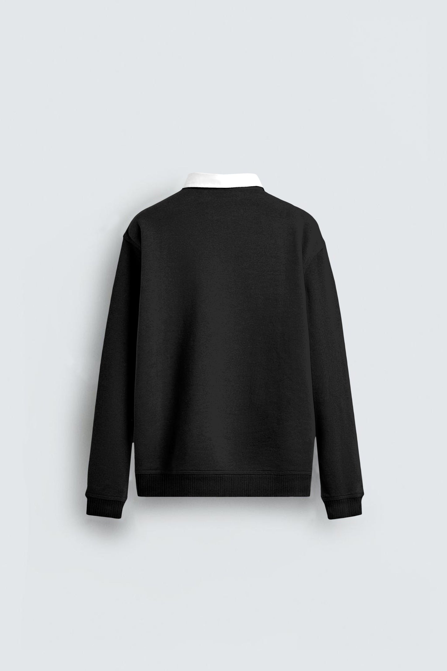 Back view of black long sleeve sweatshirt with white collar on light background
