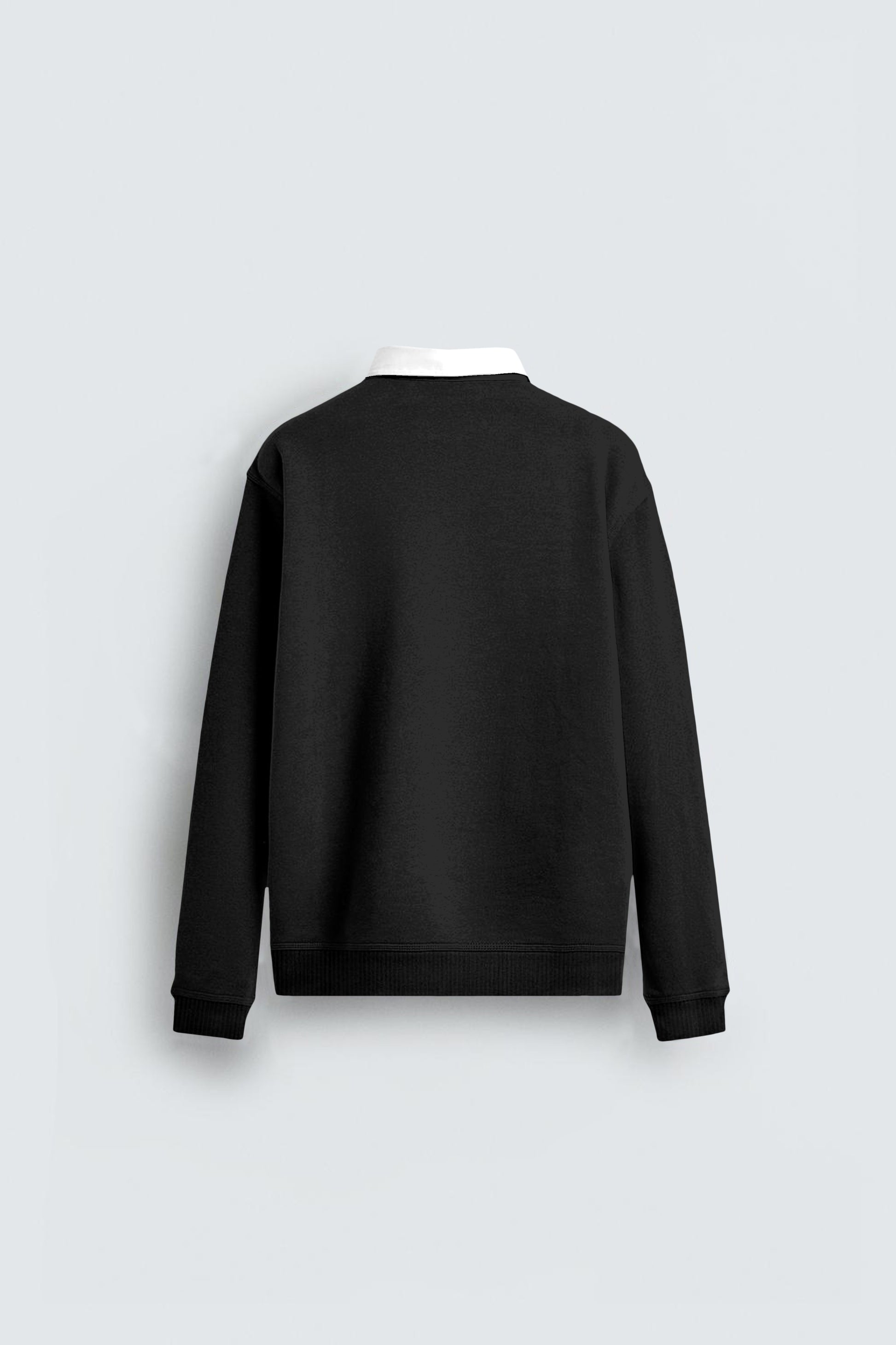 Back view of black long sleeve sweatshirt with white collar on light background